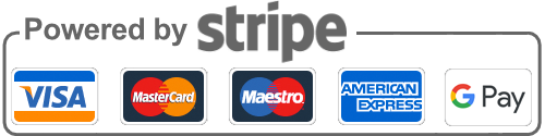 Collection of different payment methods including Visa, Debit Card, MasterCard, Maestro, American Express, and Google Pay. Powered by stripe.